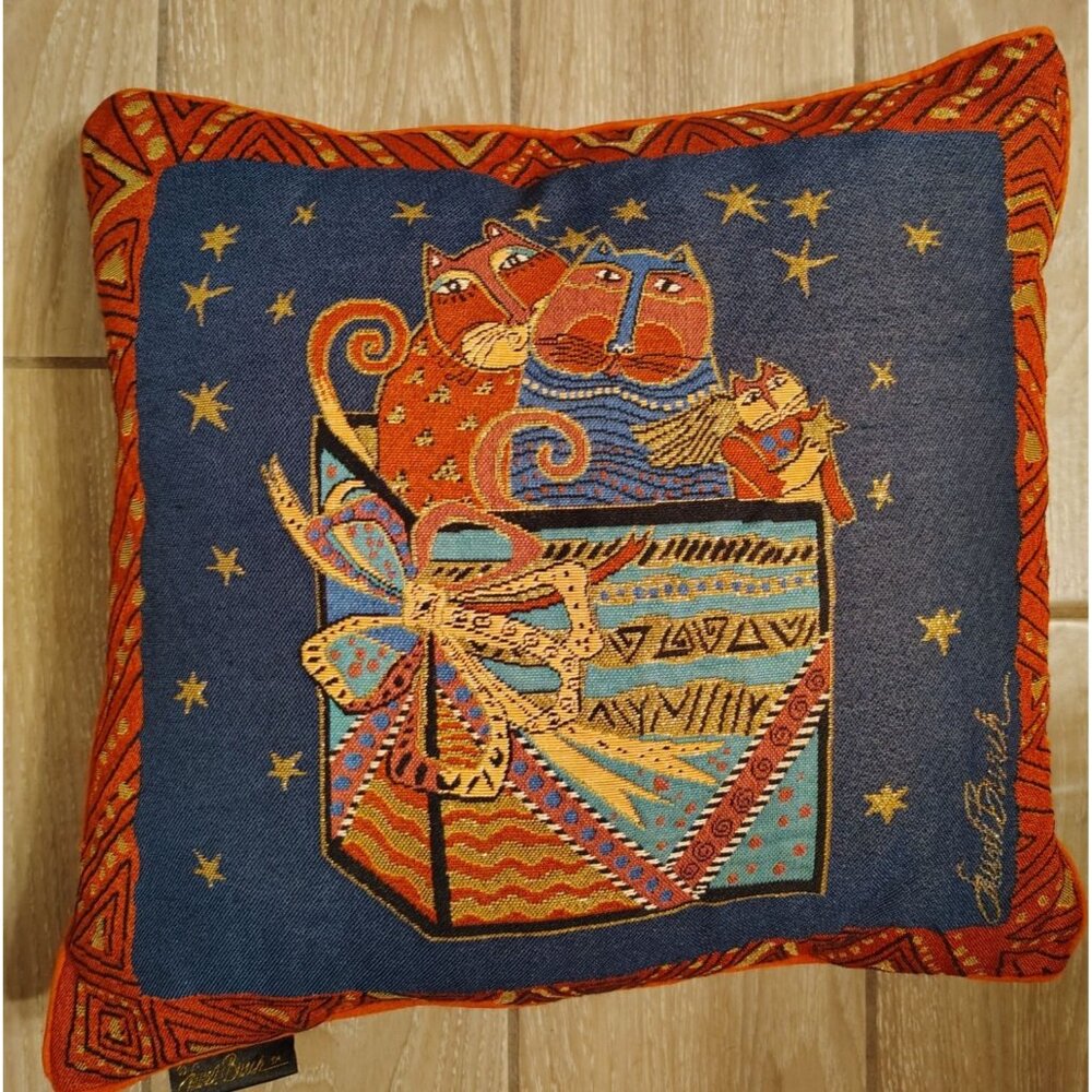 Laurel Burch Cat Tapestry Throw Pillow, Angel Cat, Gift Box Present, Christmas